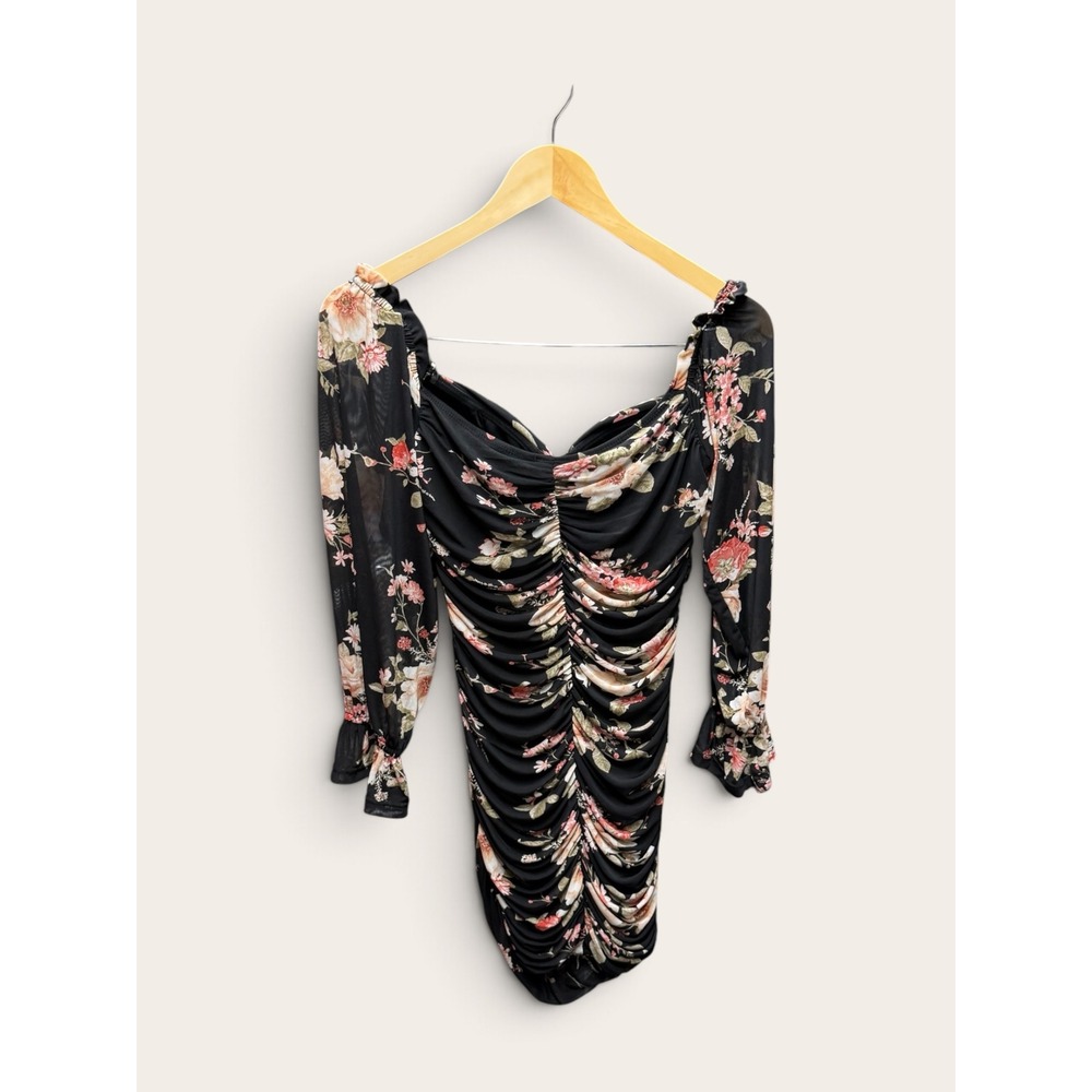 Windsor Black Floral Ruched Mesh Bodycon Mini Dress Long Sleeve Sweetheart Large